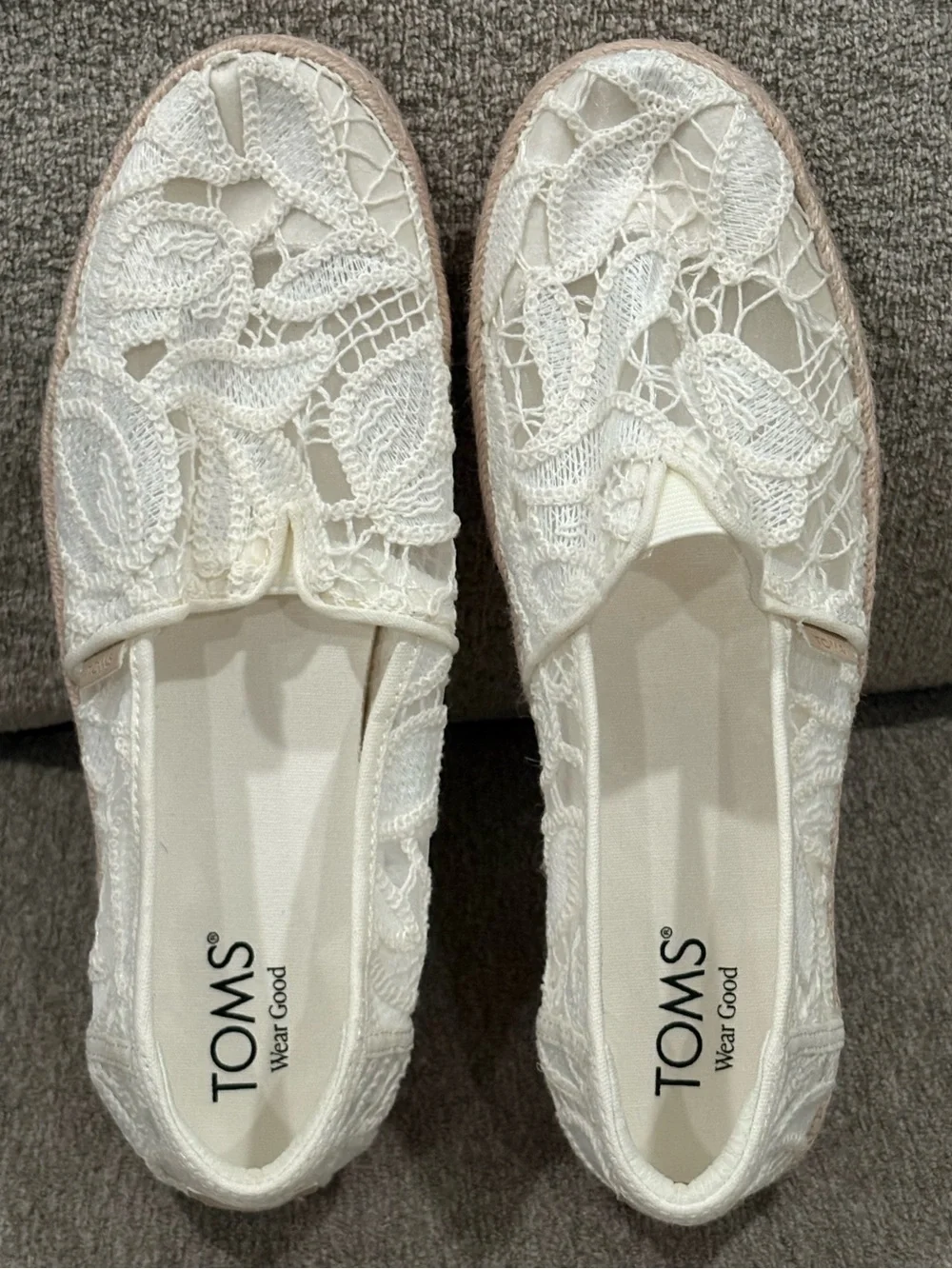 Toms White Lace Espadrille Platform Slip-Ons White Floral Crochet